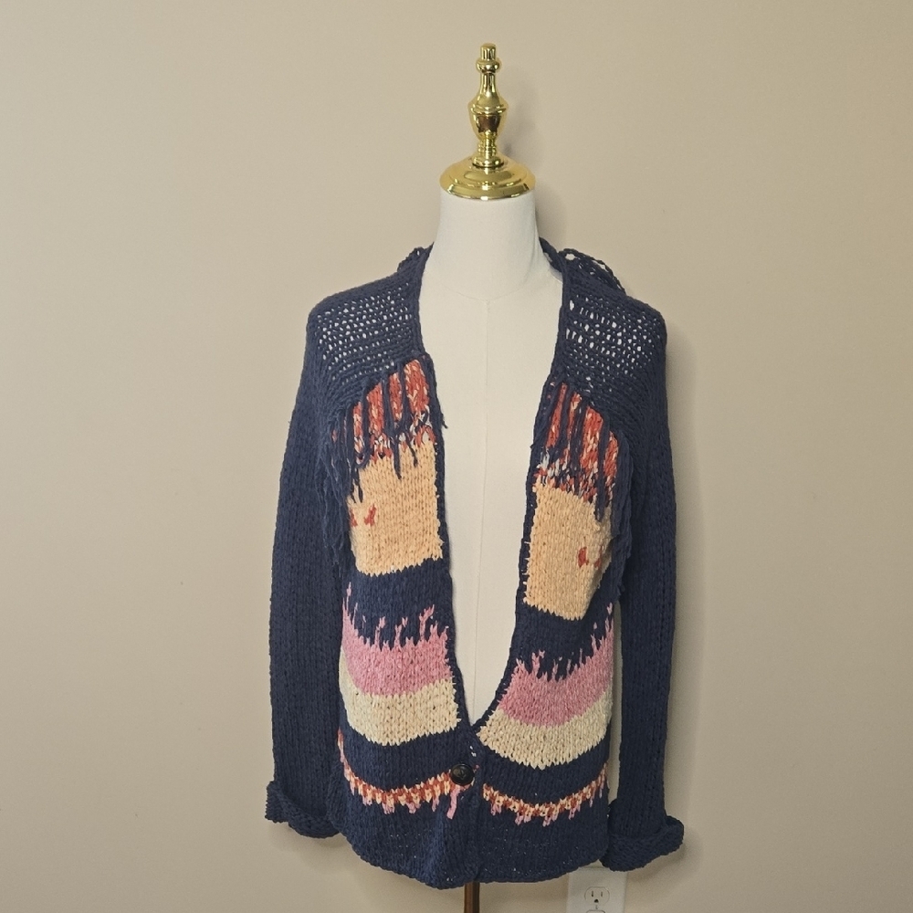 Maison Scotch Navy Blue Chunky Knit Cardigan Medium Boho Western Aztec Geometric - Picture 2 of 11